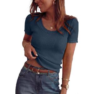 image:imageArachampCloz Womens 100 Cotton Short Sleeve Sweater Pullover Scoop Neck Lightweight Business Casual Outfits Spring Tops 2026Navy