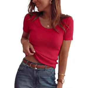 image:imageArachampCloz Womens 100 Cotton Short Sleeve Sweater Pullover Scoop Neck Lightweight Business Casual Outfits Spring Tops 2026Red