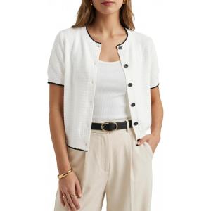 image:imageArachampCloz Womens 100 Cotton Contrast Trim Button Front Cropped Cardigan Sweater Work Tops 2026Beige