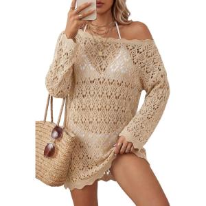 image:imageArachampCloz Womens 100 Cotton Oversized Swimsuit Cover Up Off Shoulder Boat Neck Breathable Beach Crochet Summer 2026Apricot