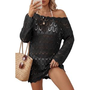 image:imageArachampCloz Womens 100 Cotton Oversized Swimsuit Cover Up Off Shoulder Boat Neck Breathable Beach Crochet Summer 2026Black