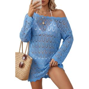 image:imageArachampCloz Womens 100 Cotton Oversized Swimsuit Cover Up Off Shoulder Boat Neck Breathable Beach Crochet Summer 2026Blue