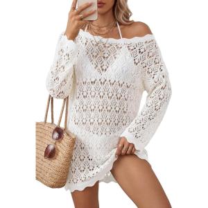 image:imageArachampCloz Womens 100 Cotton Oversized Swimsuit Cover Up Off Shoulder Boat Neck Breathable Beach Crochet Summer 2026White