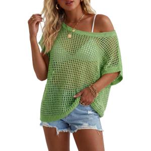 image:imageArachampCloz Womens Cotton Blend Crochet Cover Up Oversized Short Sleeve Mesh Casual Knit Beach Summer 2026Green