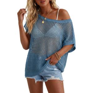 image:imageArachampCloz Womens Cotton Blend Crochet Cover Up Oversized Short Sleeve Mesh Casual Knit Beach Summer 2026Navy Blue