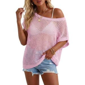 image:imageArachampCloz Womens Cotton Blend Crochet Cover Up Oversized Short Sleeve Mesh Casual Knit Beach Summer 2026Pink