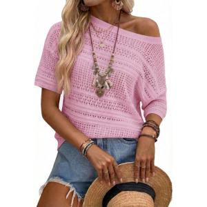 image:imageArachampCloz Womens Linen Blend Short Sleeve Sweater Crochet Tops Boho Casual Shirts Beach Resort Wear Trendy Summer 2026Pink