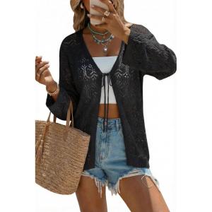 image:imageArachampCloz Womens Linen Blend Summer Crochet Cardigans Lightweight Boho Cover Up Lacey Kint Beach Resort Wear Trendy 2026Black