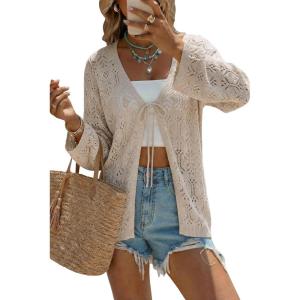 image:imageArachampCloz Womens Linen Blend Summer Crochet Cardigans Lightweight Boho Cover Up Lacey Kint Beach Resort Wear Trendy 2026Khaki