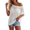 image:imageArachampCloz Womens Cotton Oversized Short Sleeve Sweater Crochet Tops Off Shoulder Resort Wear Hallow Out Beach Summer 2026White