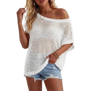 image:imageArachampCloz Womens Cotton Oversized Short Sleeve Sweater Crochet Tops Off Shoulder Resort Wear Hallow Out Beach Summer 2026White