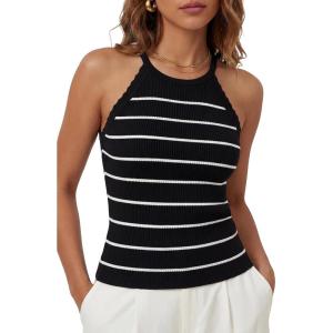 image:imageArachampCloz Womens Lyocell Blend Slim Fit Striped Casual Halter Tank Tops Summer 2026Striped Black White