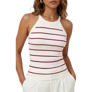 image:imageArachampCloz Womens Lyocell Blend Slim Fit Striped Casual Halter Tank Tops Summer 2026Striped White Burgundy