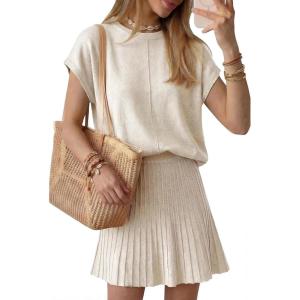 image:imageArachampCloz Womens Wool Blend Knit 2 Piece Sets Summer Casual Cap Sleeve Tops Pleated Mini Skirt Outfits 2026Beige