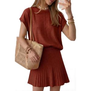 image:imageArachampCloz Womens Wool Blend Knit 2 Piece Sets Summer Casual Cap Sleeve Tops Pleated Mini Skirt Outfits 2026Burgundy