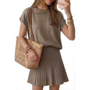 image:imageArachampCloz Womens Wool Blend Knit 2 Piece Sets Summer Casual Cap Sleeve Tops Pleated Mini Skirt Outfits 2026Khaki