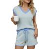 image:imageArachampCloz Womens Linen Lyocell Relaxed Fit 2 Piece Lounge Sets V Neck Top Drawstring Shorts Summer 2026Blue Stripe