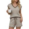 image:imageArachampCloz Womens Linen Lyocell Relaxed Fit 2 Piece Lounge Sets V Neck Top Drawstring Shorts Summer 2026Coffee Stripe