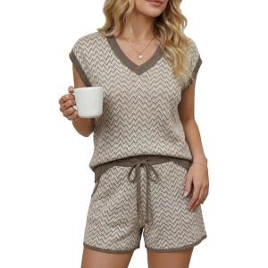 image:imageArachampCloz Womens Linen Lyocell Relaxed Fit 2 Piece Lounge Sets V Neck Top Drawstring Shorts Summer 2026Coffee Stripe