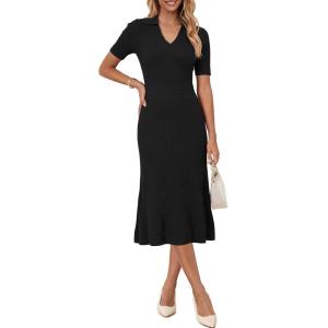 image:imageArachampCloz Womens Lyocell Blend Polo V Neck Spring Summer Work Short Sleeve A Line Midi Dress 2026Black