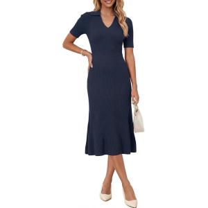 image:imageArachampCloz Womens Lyocell Blend Polo V Neck Spring Summer Work Short Sleeve A Line Midi Dress 2026Navy Blue