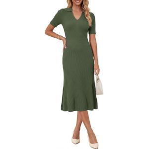 image:imageArachampCloz Womens Lyocell Blend Polo V Neck Spring Summer Work Short Sleeve A Line Midi Dress 2026Olive Green