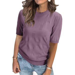 image:imageArachampCloz Womens Lightweight Blouse Short Sleeve Crew Neck Sweaters Business Casual Tops Spring Summer Outfits 2026Grey Purple