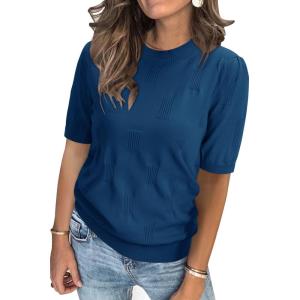 image:imageArachampCloz Womens Lightweight Blouse Short Sleeve Crew Neck Sweaters Business Casual Tops Spring Summer Outfits 2026Lake Blue