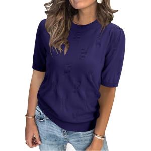 image:imageArachampCloz Womens Lightweight Blouse Short Sleeve Crew Neck Sweaters Business Casual Tops Spring Summer Outfits 2026Navy