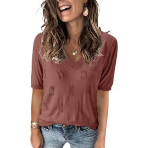image:imageArachampCloz Womens Lightweight Spring Summer Sweater Tops Casual Short Sleeve Blouses ShirtsAzdusty Red