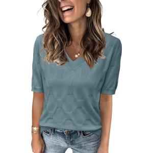 image:imageArachampCloz Womens Lightweight Spring Summer Sweater Tops Casual Short Sleeve Blouses ShirtsBgrey Blue