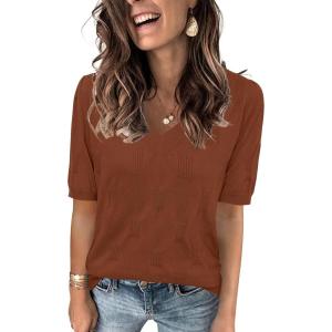 image:imageArachampCloz Womens Lightweight Spring Summer Sweater Tops Casual Short Sleeve Blouses ShirtsDark Brown