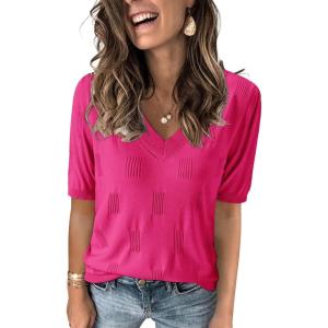 image:imageArachampCloz Womens Lightweight Spring Summer Sweater Tops Casual Short Sleeve Blouses ShirtsHot Pink