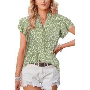 image:imageArachampCloz Womens Summer Tops Fashion 2023 Ruffle Short Sleeve V Neck Floral Dressy Casual Blouse ShirtsGreen Floral