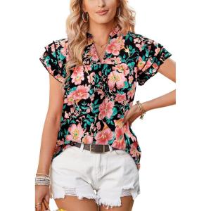 image:imageArachampCloz Womens Summer Tops Fashion 2023 Ruffle Short Sleeve V Neck Floral Dressy Casual Blouse ShirtsRed Floral