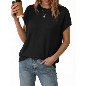 image:imageArachampCloz Womens Wool Blend Short Sleeve Oversized Sweater Business Casual Tops Summer 2026Black