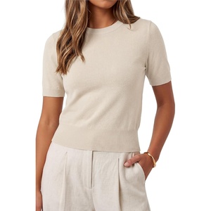 image:imageArachampCloz Womens 100 Cotton Short Sleeve Sweater Cropped Crew Neck Business Casual Tops Summer 2026Apricot