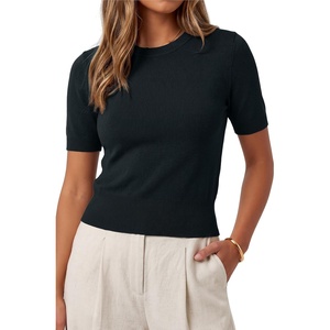 image:imageArachampCloz Womens 100 Cotton Short Sleeve Sweater Cropped Crew Neck Business Casual Tops Summer 2026Black