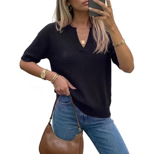 image:imageArachampCloz Womens 100 Cotton Polo V Neck Striped Short Sleeve Spring Casual Pullover Sweaters 2026Solid Black