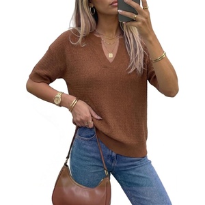 image:imageArachampCloz Womens 100 Cotton Polo V Neck Striped Short Sleeve Spring Casual Pullover Sweaters 2026Solid Brown
