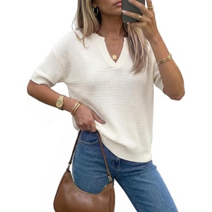 image:imageArachampCloz Womens 100 Cotton Polo V Neck Striped Short Sleeve Spring Casual Pullover Sweaters 2026Solid White