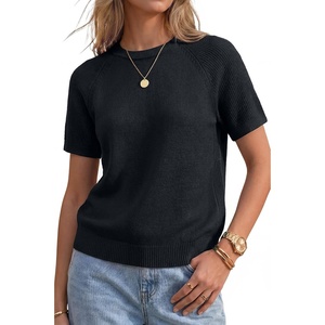 image:imageArachampCloz Womens 100 Cotton Textured Raglan Short Sleeve Sweater Casual Work Tops 2026Black
