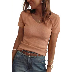 image:imageArachampCloz Womens Wool Blend Short Sleeve Sweater V Neck Lightweight Business Casual Outfits Spring Tops 2026Camel