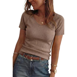 image:imageArachampCloz Womens Wool Blend Short Sleeve Sweater V Neck Lightweight Business Casual Outfits Spring Tops 2026Coffee