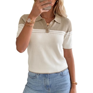image:imageArachampCloz Womens Wool Blend Summer Short Sleeve Cropped Color Block Polo Collar Business Casual Pullover Sweater 2026White Oatmeal
