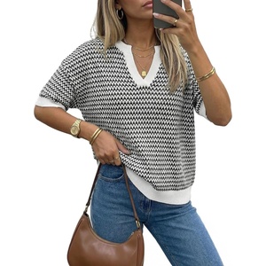 image:imageArachampCloz Womens 100 Cotton Polo V Neck Striped Short Sleeve Summer Casual Pullover Sweaters 2026Black
