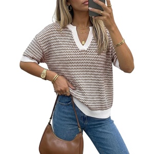 image:imageArachampCloz Womens 100 Cotton Polo V Neck Striped Short Sleeve Summer Casual Pullover Sweaters 2026Brown