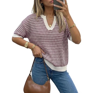 image:imageArachampCloz Womens 100 Cotton Polo V Neck Striped Short Sleeve Summer Casual Pullover Sweaters 2026Dark Red