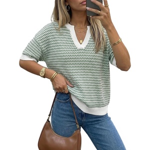 image:imageArachampCloz Womens 100 Cotton Polo V Neck Striped Short Sleeve Summer Casual Pullover Sweaters 2026Green