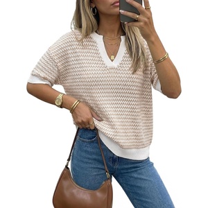 image:imageArachampCloz Womens 100 Cotton Polo V Neck Striped Short Sleeve Summer Casual Pullover Sweaters 2026Khaki